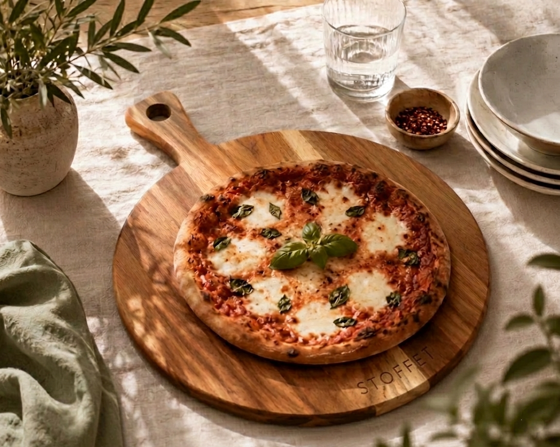Stoffet Rundt Pizzabræt – Serveringsbræt med Håndtag