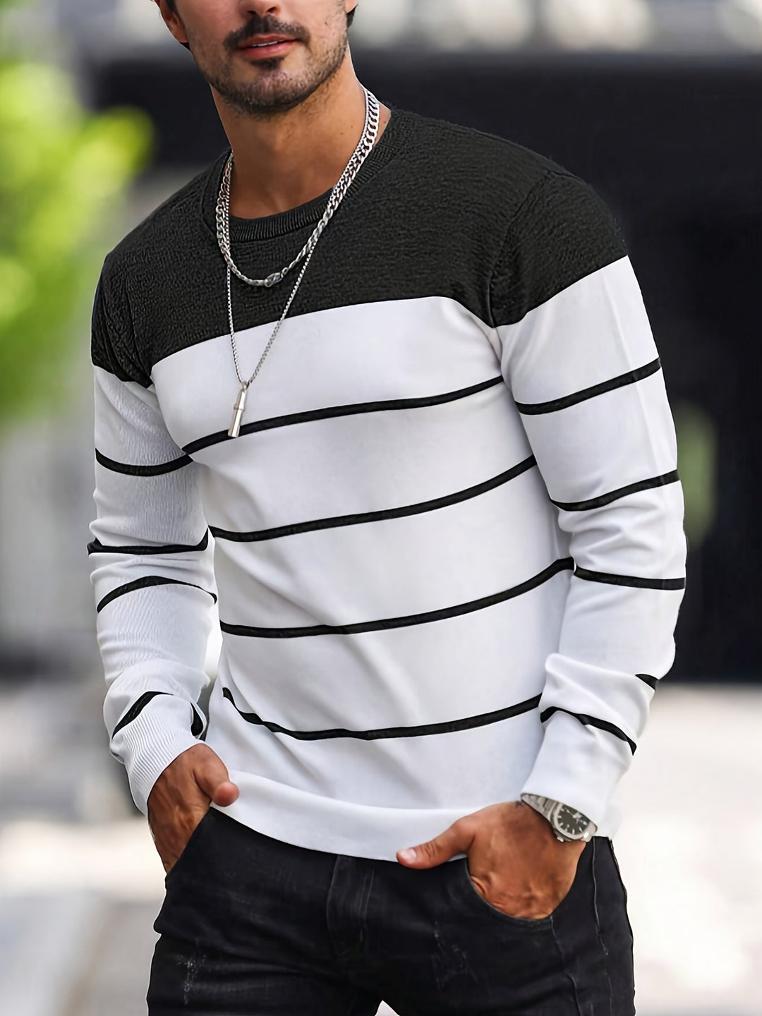 Mænd Casual Langærmet Pullover med Kontrastpanel