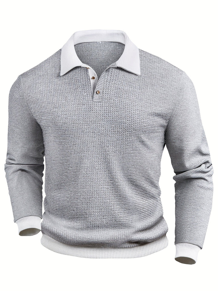 Mænd Tekstureret Langærmet Poloshirt med Knapstolpe