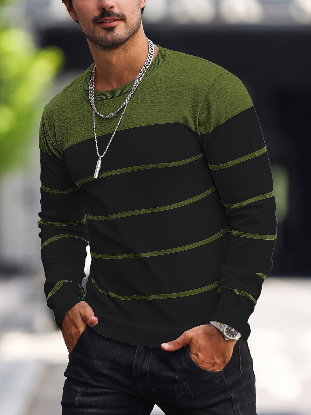 Mænd Casual Langærmet Pullover med Kontrastpanel