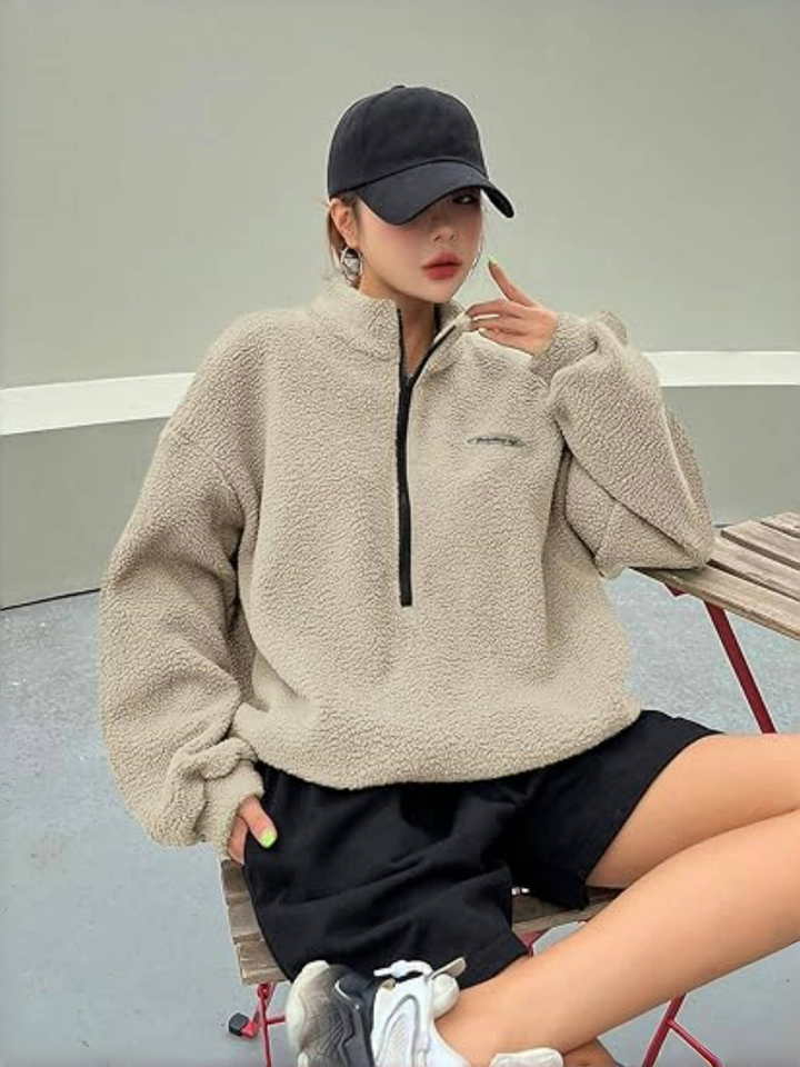 Charlotte Bellini - Teddy Fleece Halv Lynlås Striktrøje Til Dame