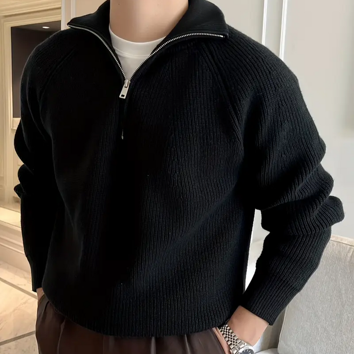 Herre Ribstrikket Halv Lynlås Strikket Sweater - Vinter Sweater