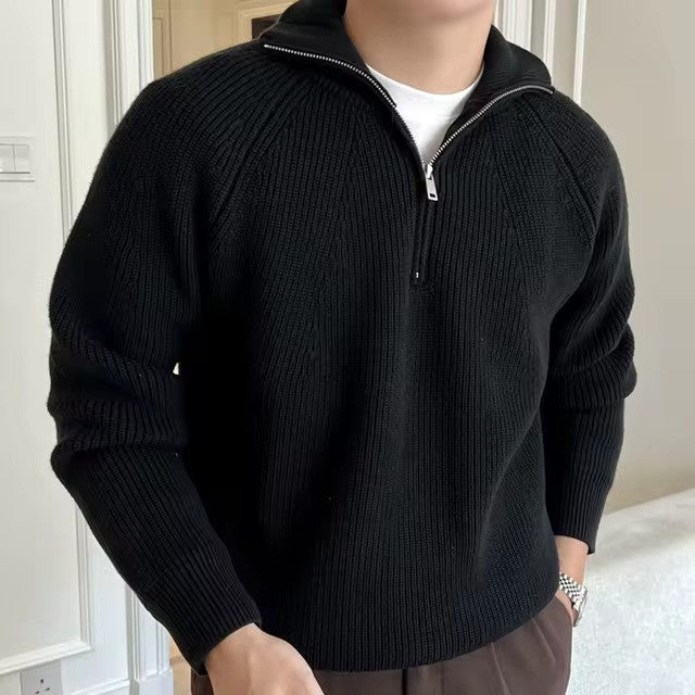 Herre Ribstrikket Halv Lynlås Strikket Sweater - Vinter Sweater