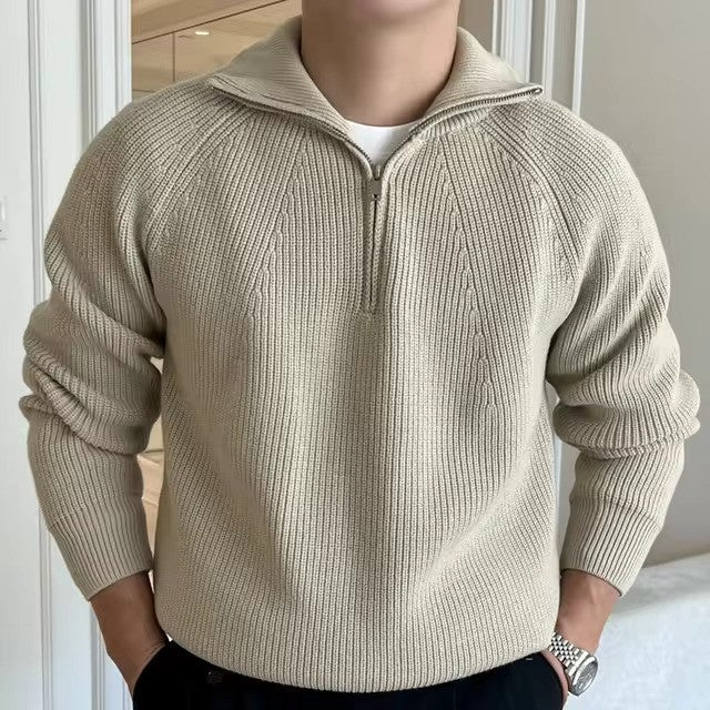 Herre Ribstrikket Halv Lynlås Strikket Sweater - Vinter Sweater