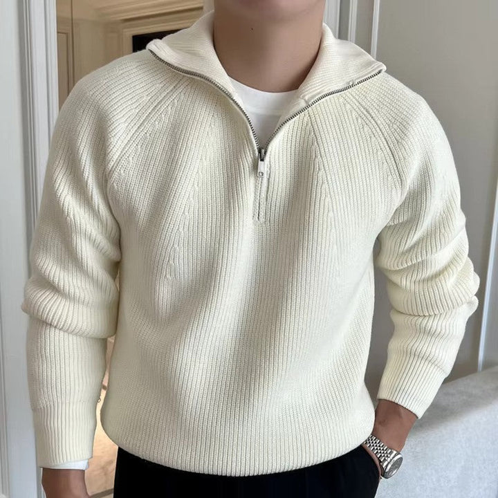 Herre Ribstrikket Halv Lynlås Strikket Sweater - Vinter Sweater