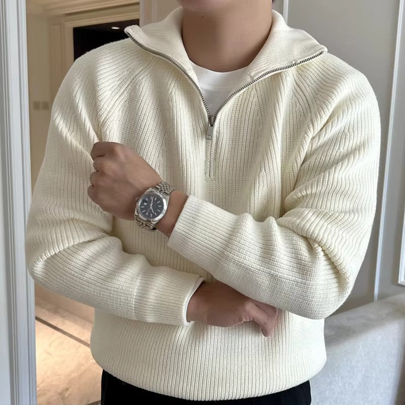 Herre Ribstrikket Halv Lynlås Strikket Sweater - Vinter Sweater