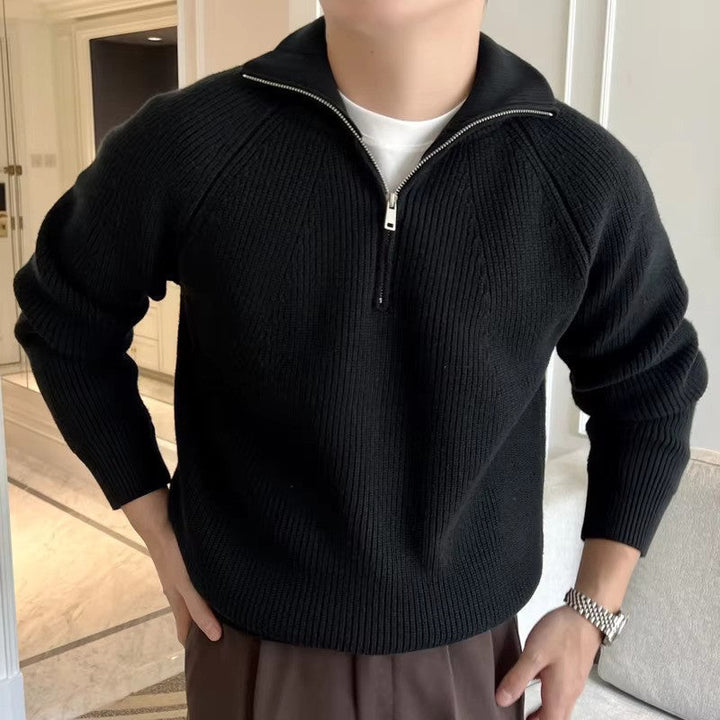 Herre Ribstrikket Halv Lynlås Strikket Sweater - Vinter Sweater
