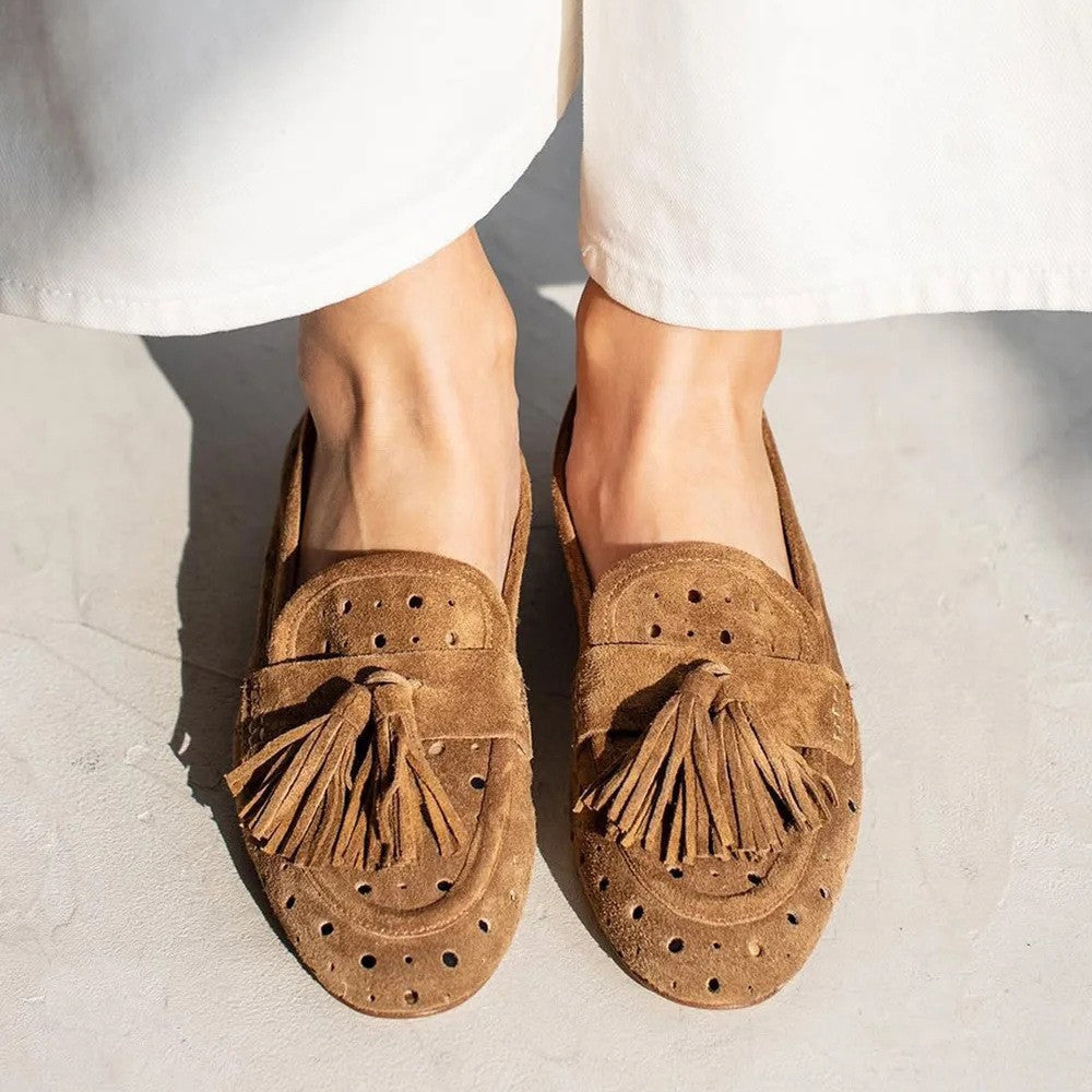 Damer Casual Slip-on Loafers i Brun Ruskind med Tassels
