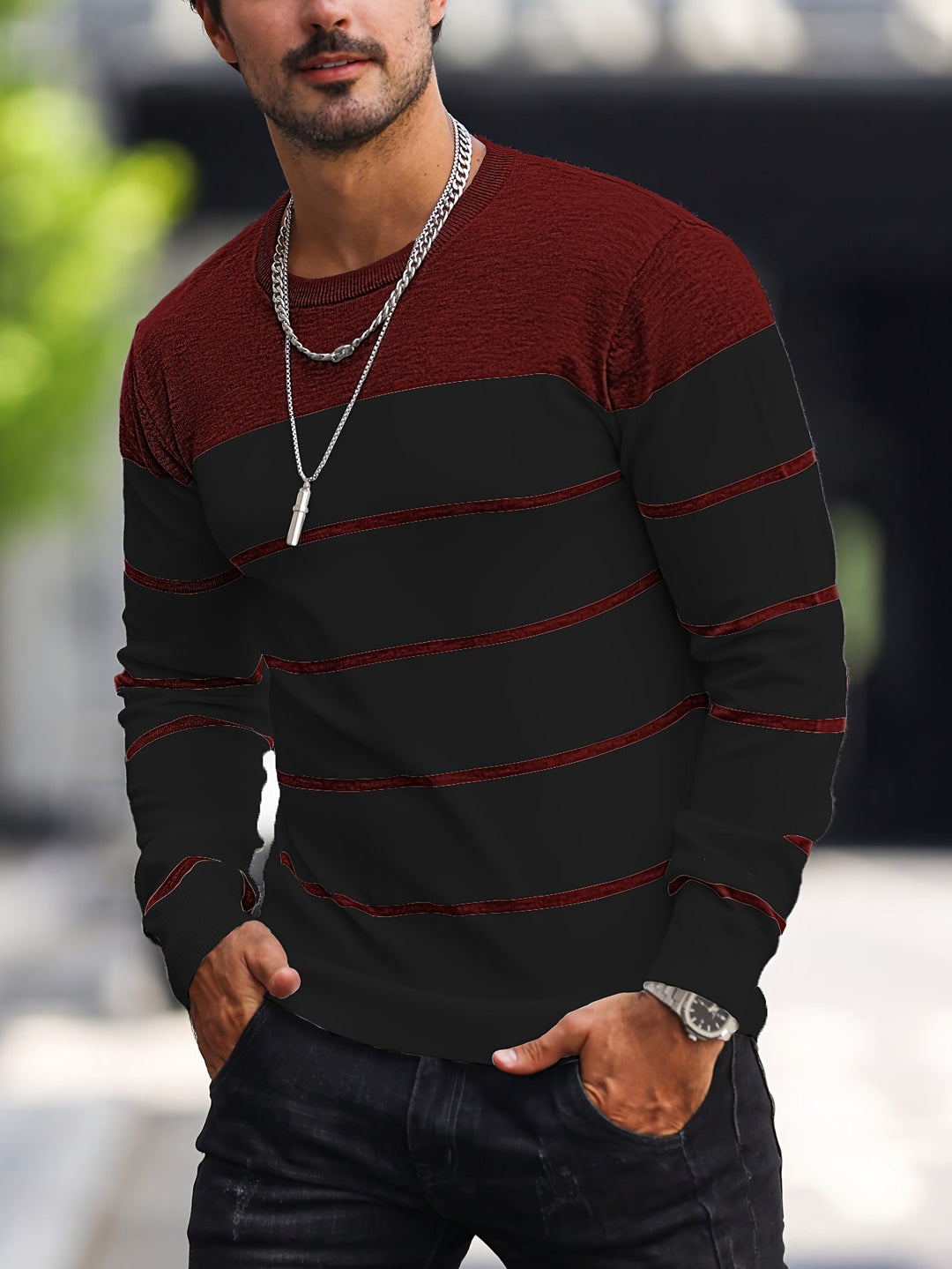 Mænd Casual Langærmet Pullover med Kontrastpanel