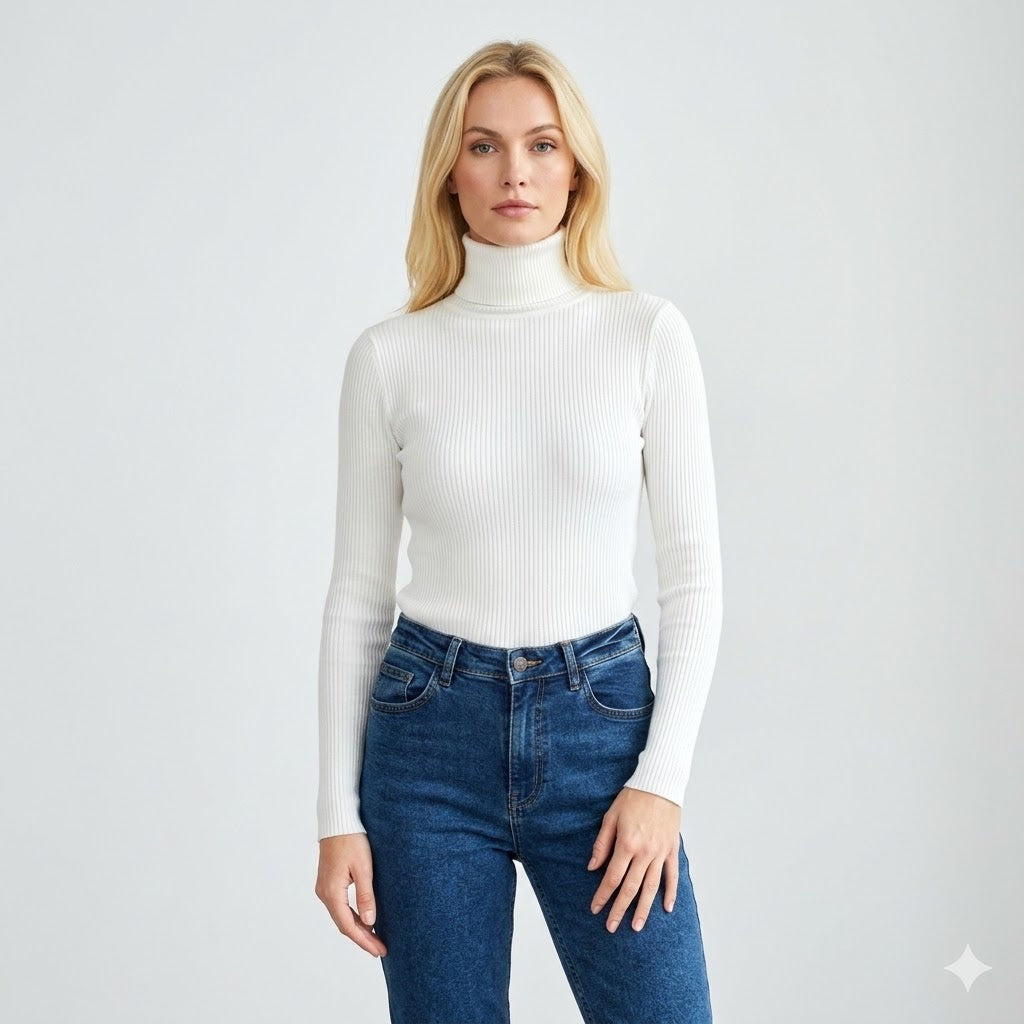 Clara Beaumont - Ribstrikket Rullekrave Strikket Top Til Dame