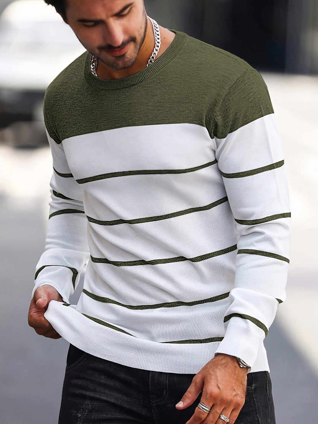 Mænd Casual Langærmet Pullover med Kontrastpanel