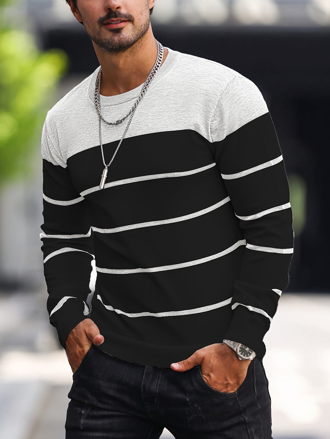 Mænd Casual Langærmet Pullover med Kontrastpanel