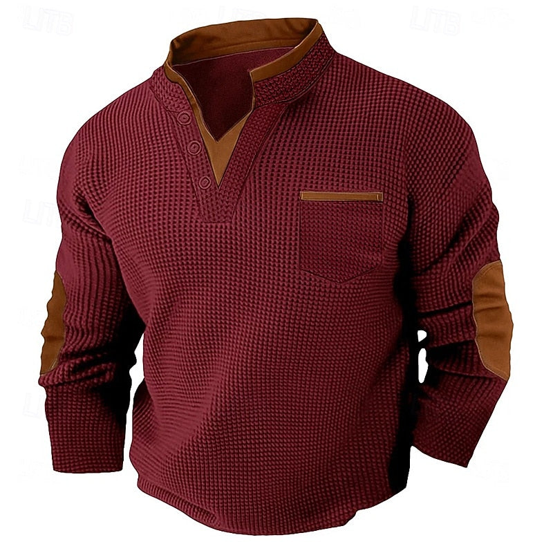 Herre Elegante Henley Sweater med Knapstolpe og Kravedetalje