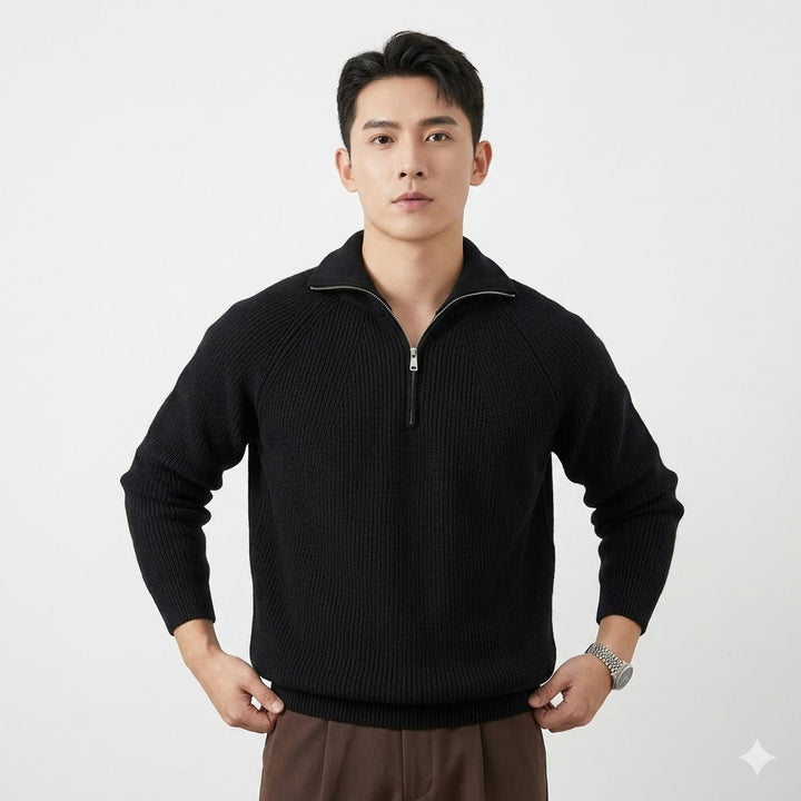 Herre Ribstrikket Halv Lynlås Strikket Sweater - Vinter Sweater