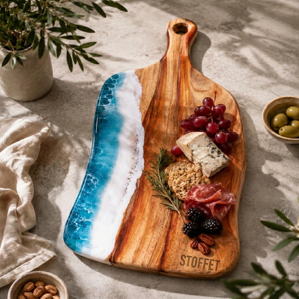 Stoffet Håndlavet Skærebræt i Træ med Ocean Resin Art