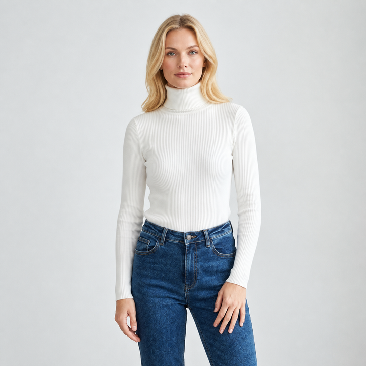 Clara Beaumont | Ribbed Turtleneck Knit Top til dame – opdateret modelbillede