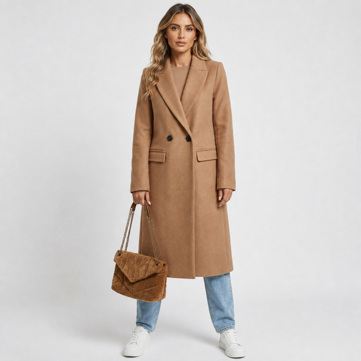 Elena Moreau | elegant Wool Blend Long frakke til dame – opdateret modelbillede