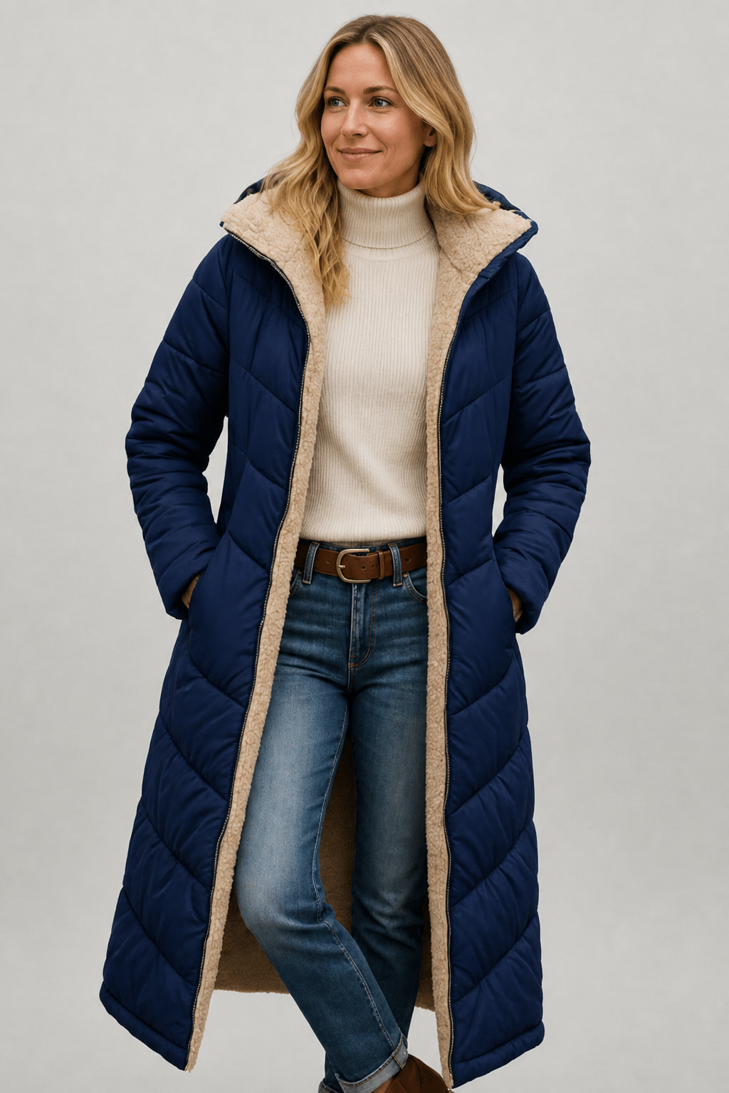 Amelia Laurent | med hætte Longline Puffer frakke til dame – opdateret modelbillede