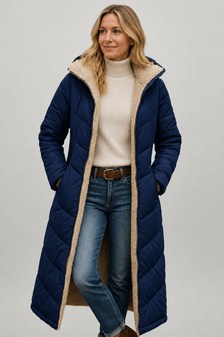 Amelia Laurent | med hætte Longline Puffer frakke til dame – opdateret modelbillede