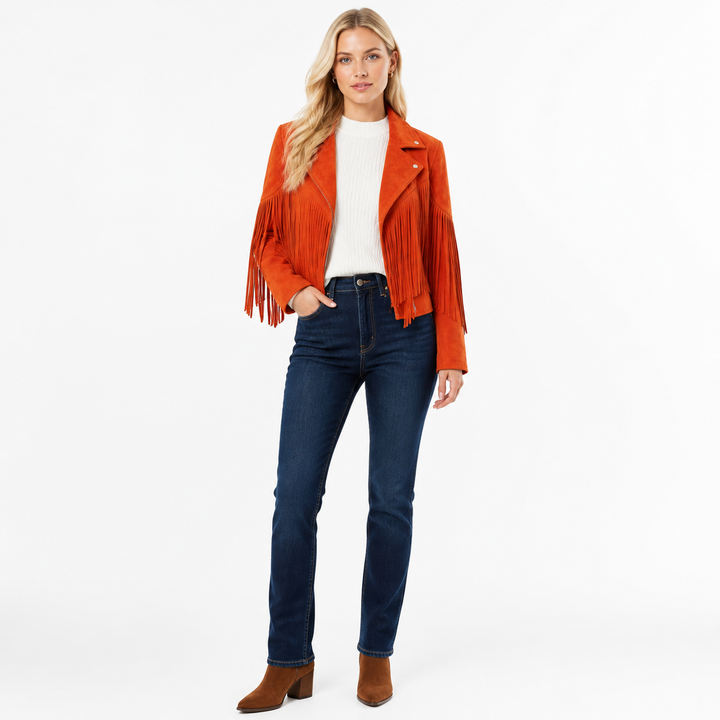 Tara Williams | Fringe ruskind Cropped jakke til dame – opdateret modelbillede