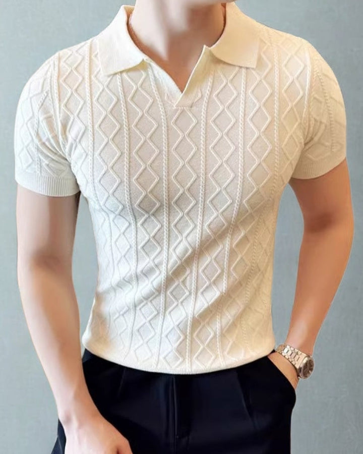 Herre Strikket Poloshirt – Kortærmet Mønstret Casual Top