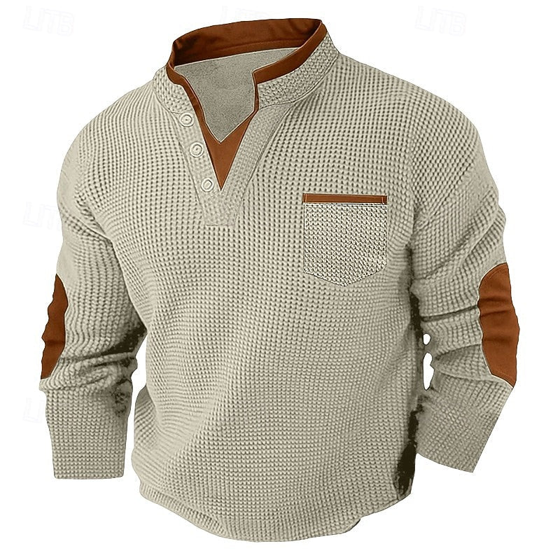 Herre Elegante Henley Sweater med Knapstolpe og Kravedetalje