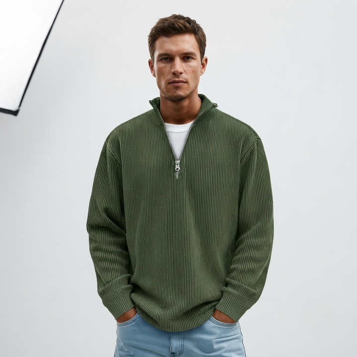 Liam Robertson - Ribstrikket Fløjl Kvart-Lynlås Sweatshirt Til Herre
