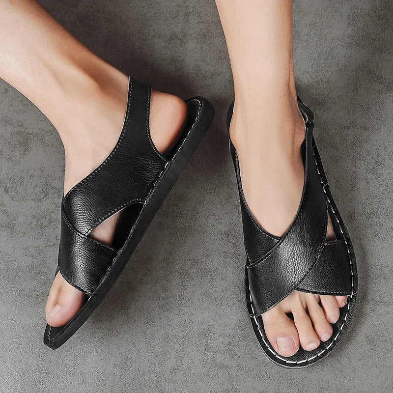 Herre Læder Sandaler med Krydsrem – Komfortable Slip-on Sandaler