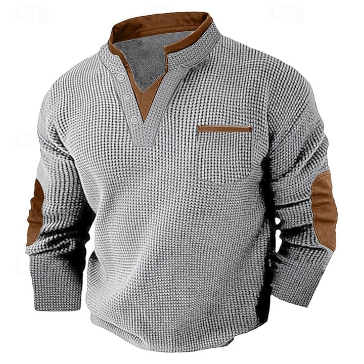 Herre Elegante Henley Sweater med Knapstolpe og Kravedetalje