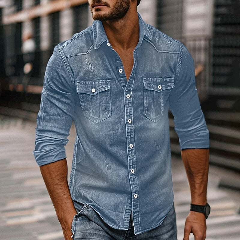Herre Elegante Langærmet Denimskjort