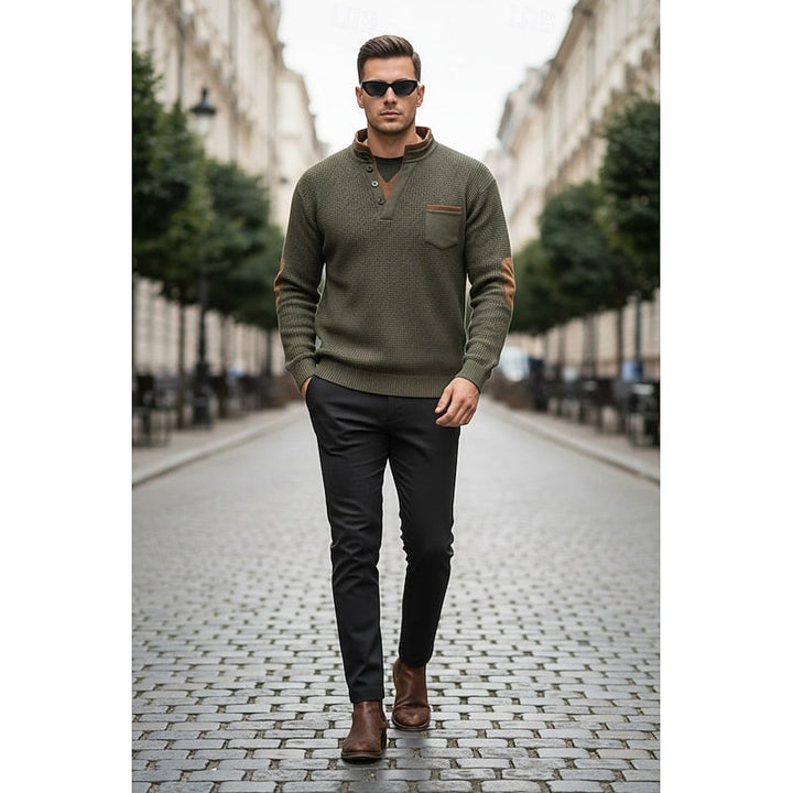 Herre Elegante Henley Sweater med Knapstolpe og Kravedetalje