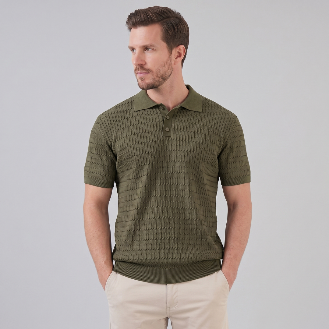 Herre Strikket Poloshirt – Kortærmet Struktureret Casual Top