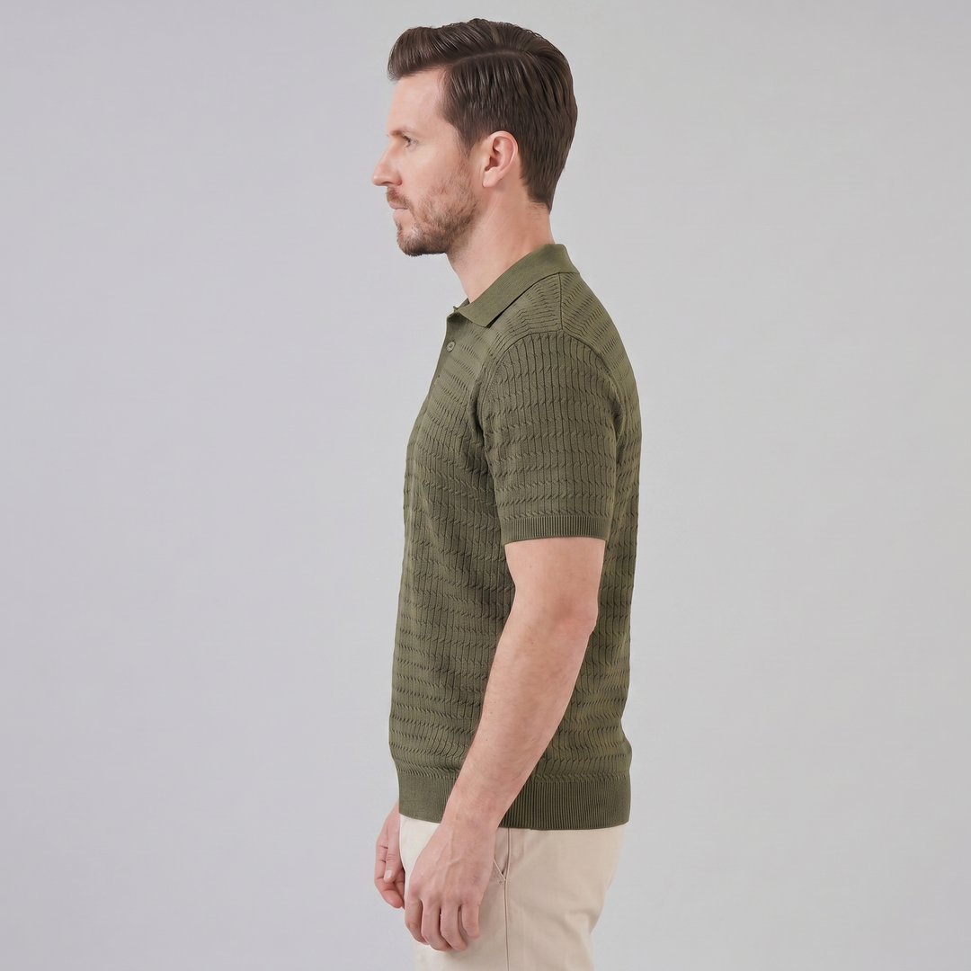 Herre Strikket Poloshirt – Kortærmet Struktureret Casual Top