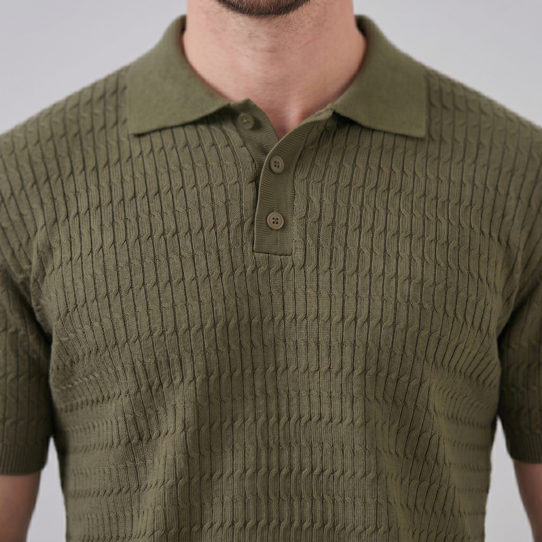 Herre Strikket Poloshirt – Kortærmet Struktureret Casual Top