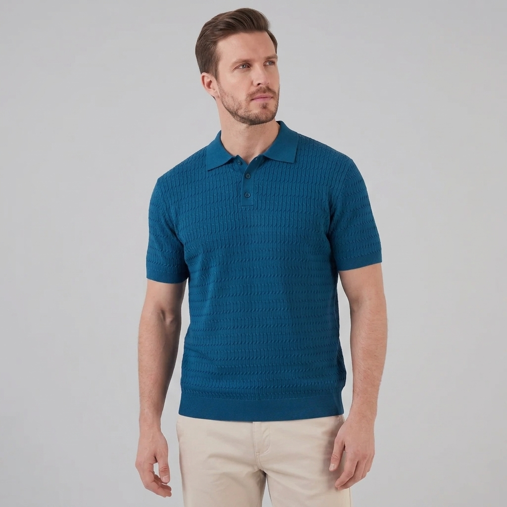 Herre Strikket Poloshirt – Kortærmet Struktureret Casual Top