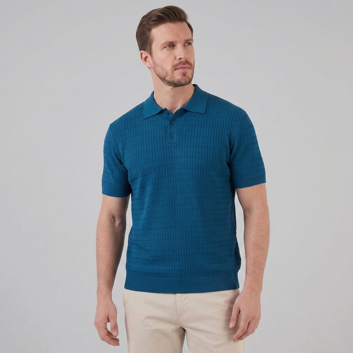 Herre Strikket Poloshirt – Kortærmet Struktureret Casual Top