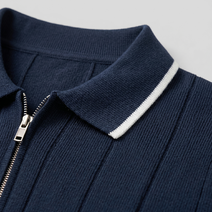 Kortærmet Strikket Poloshirt med Lynlås og Lodrette Striber