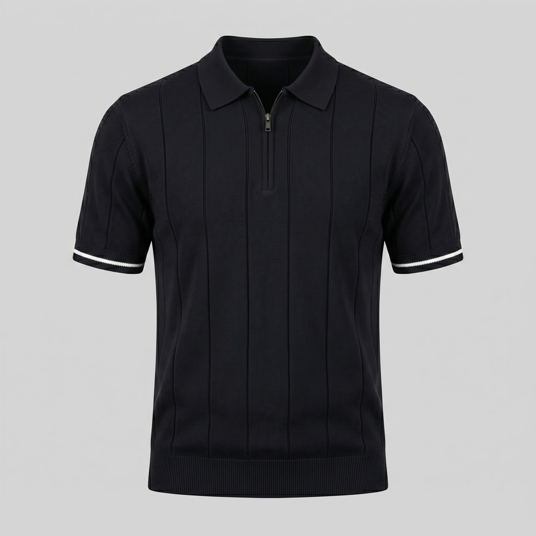 Kortærmet Strikket Poloshirt med Lynlås og Lodrette Striber