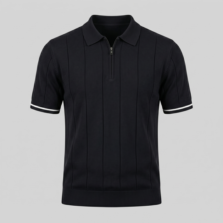 Kortærmet Strikket Poloshirt med Lynlås og Lodrette Striber