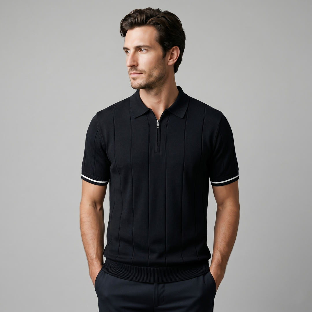Kortærmet Strikket Poloshirt med Lynlås og Lodrette Striber