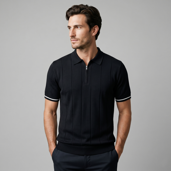 Kortærmet Strikket Poloshirt med Lynlås og Lodrette Striber