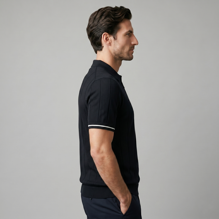Kortærmet Strikket Poloshirt med Lynlås og Lodrette Striber