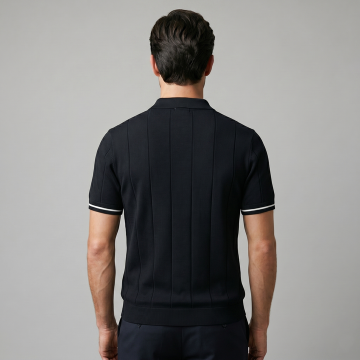 Kortærmet Strikket Poloshirt med Lynlås og Lodrette Striber