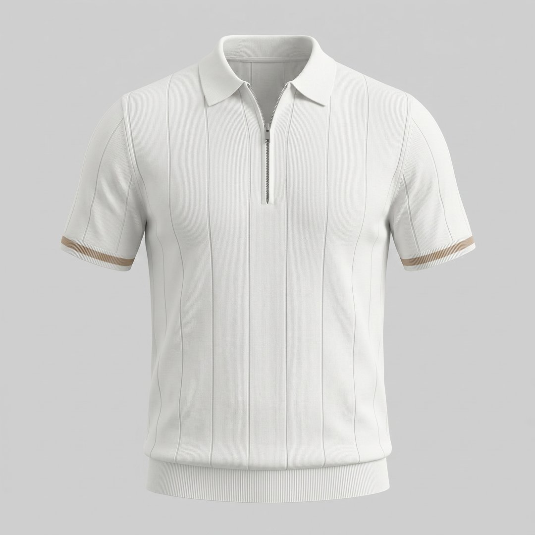 Kortærmet Strikket Poloshirt med Lynlås og Lodrette Striber