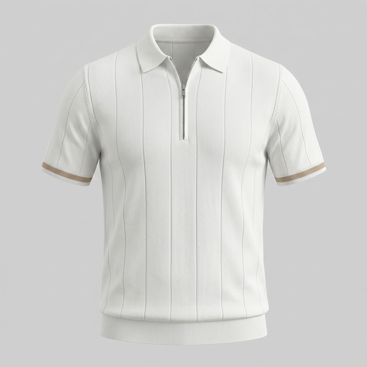 Kortærmet Strikket Poloshirt med Lynlås og Lodrette Striber