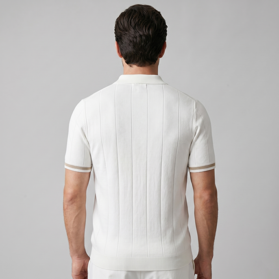 Kortærmet Strikket Poloshirt med Lynlås og Lodrette Striber