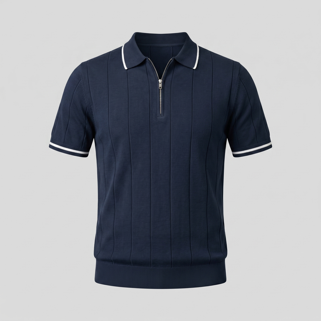 Kortærmet Strikket Poloshirt med Lynlås og Lodrette Striber