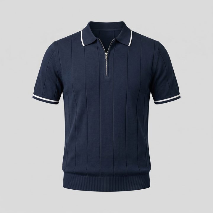 Kortærmet Strikket Poloshirt med Lynlås og Lodrette Striber