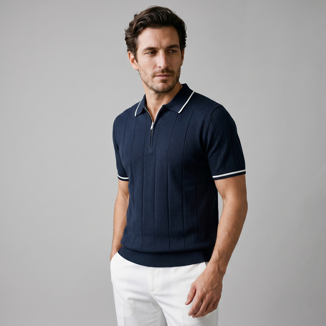 Kortærmet Strikket Poloshirt med Lynlås og Lodrette Striber