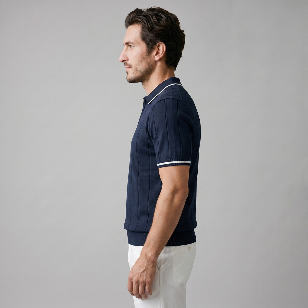 Kortærmet Strikket Poloshirt med Lynlås og Lodrette Striber